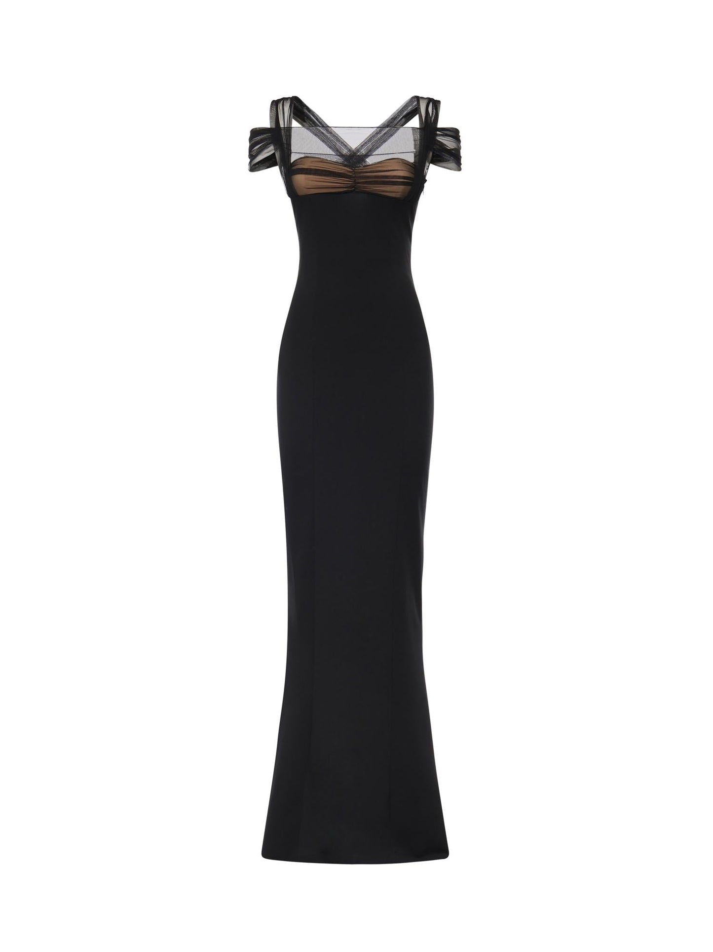 Abito lungo con ruches e tulle