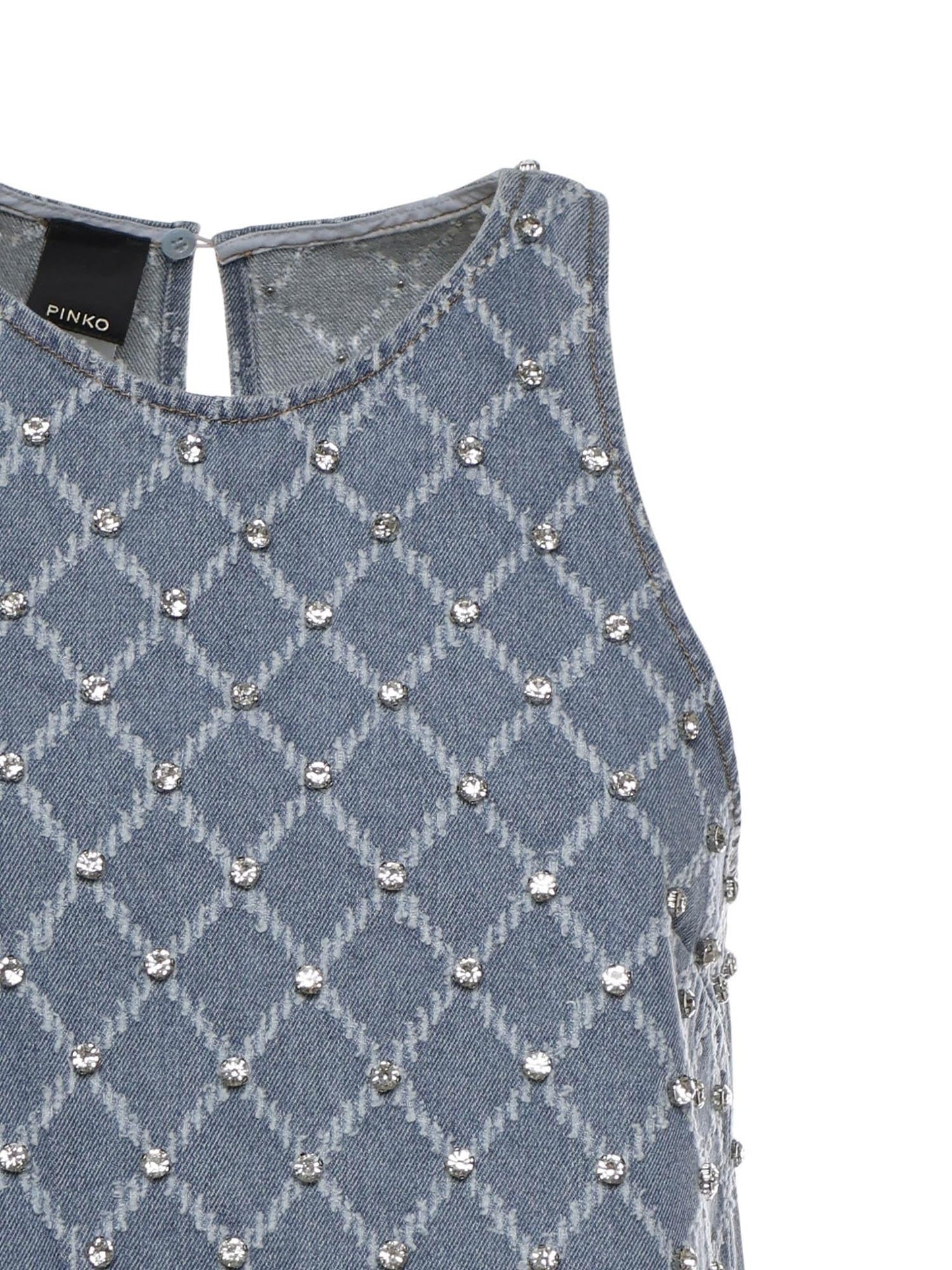 Abito corto in denim con disegno rombi e strass