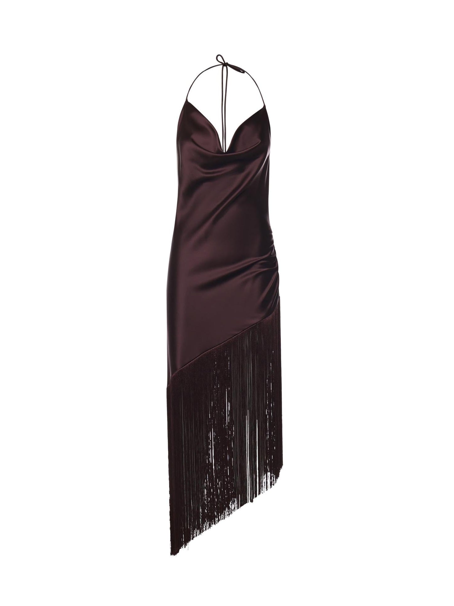 Abito asimmetrico in satin con frange