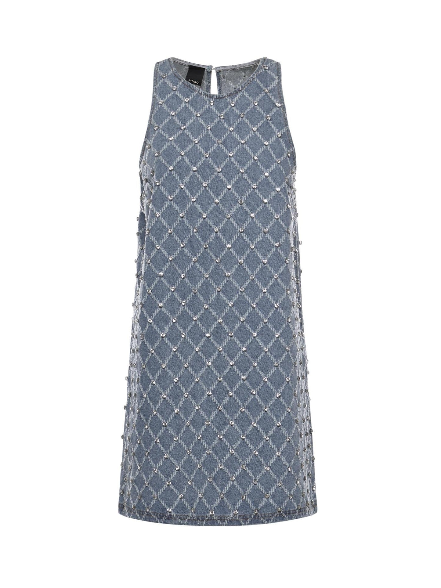Abito corto in denim con disegno rombi e strass