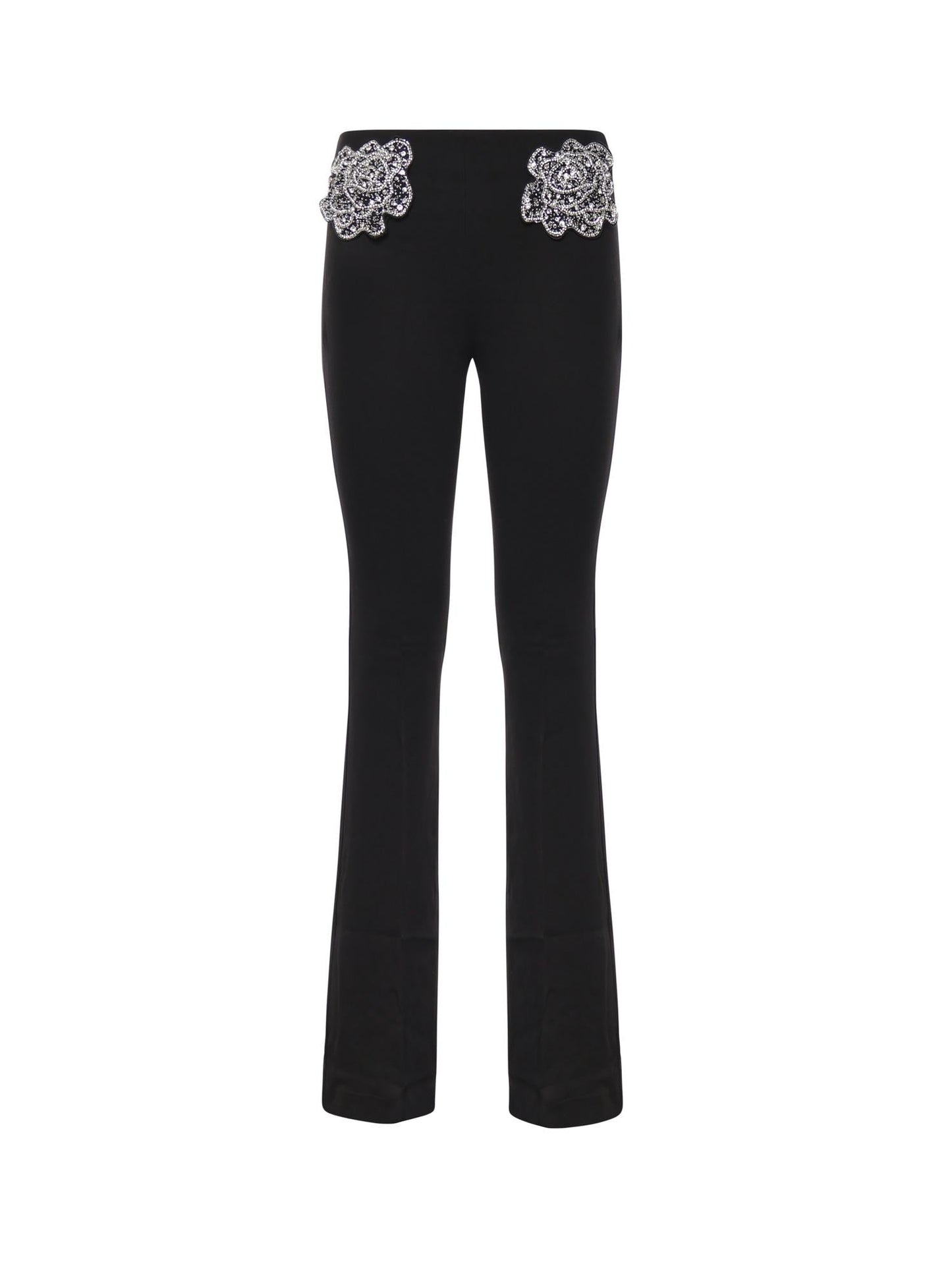 Pantaloni con rose gioiello ricamate