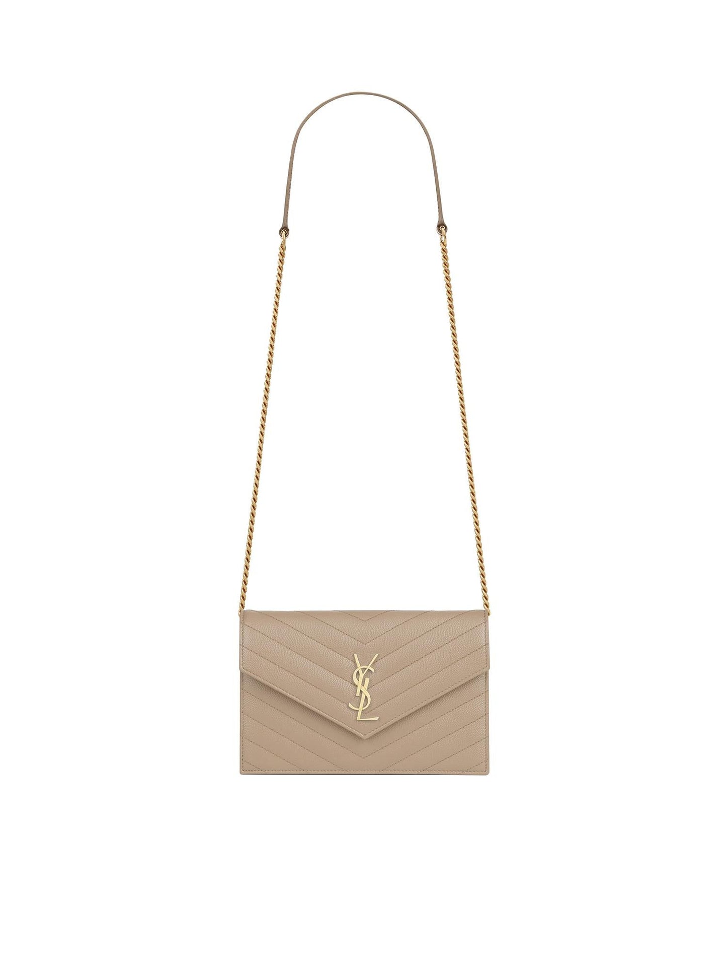 Pochette Envelope con catena Cassandre in pelle grain de poudre