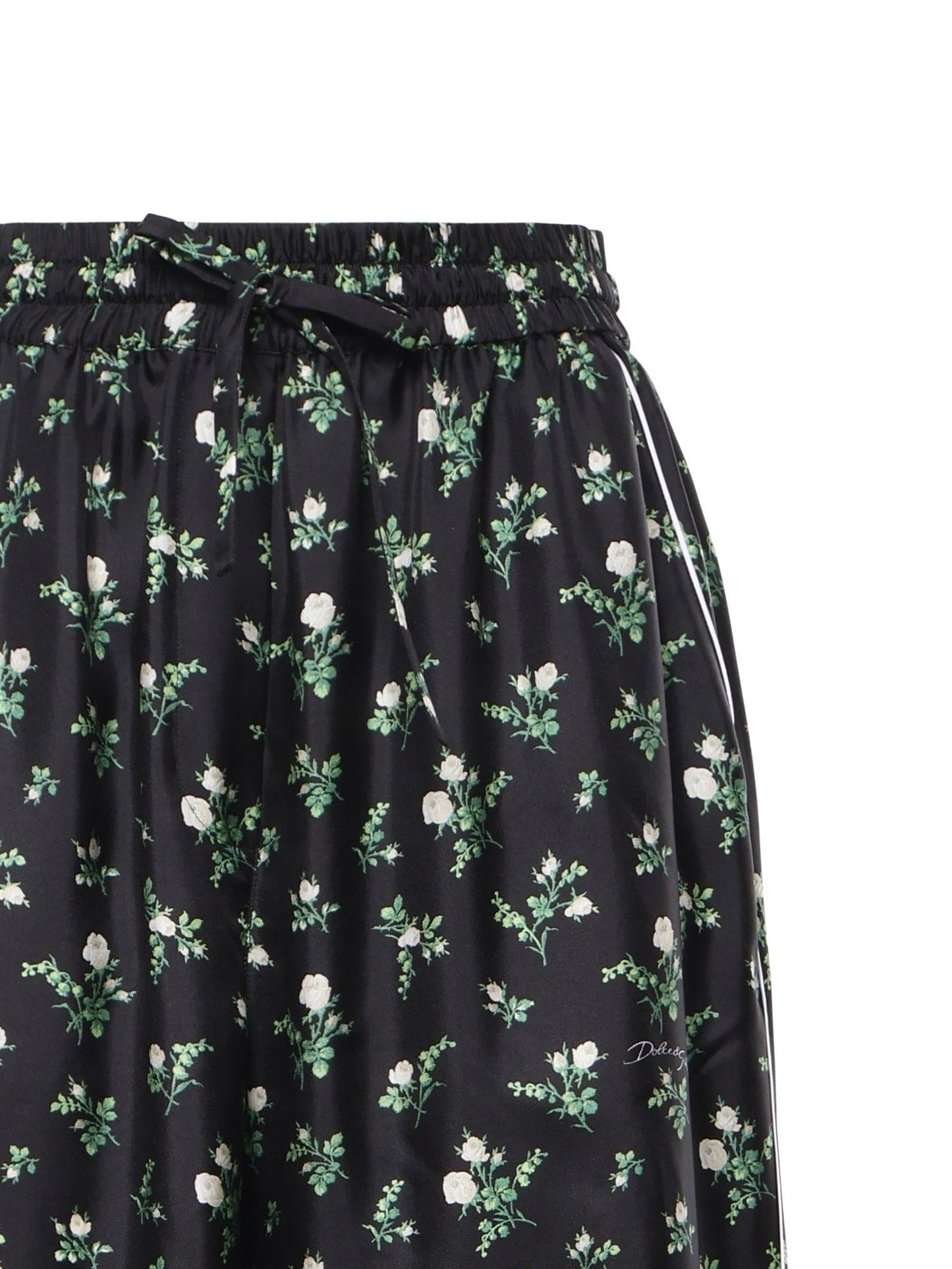 Pantaloni in twill stampa Roselline e mughetti