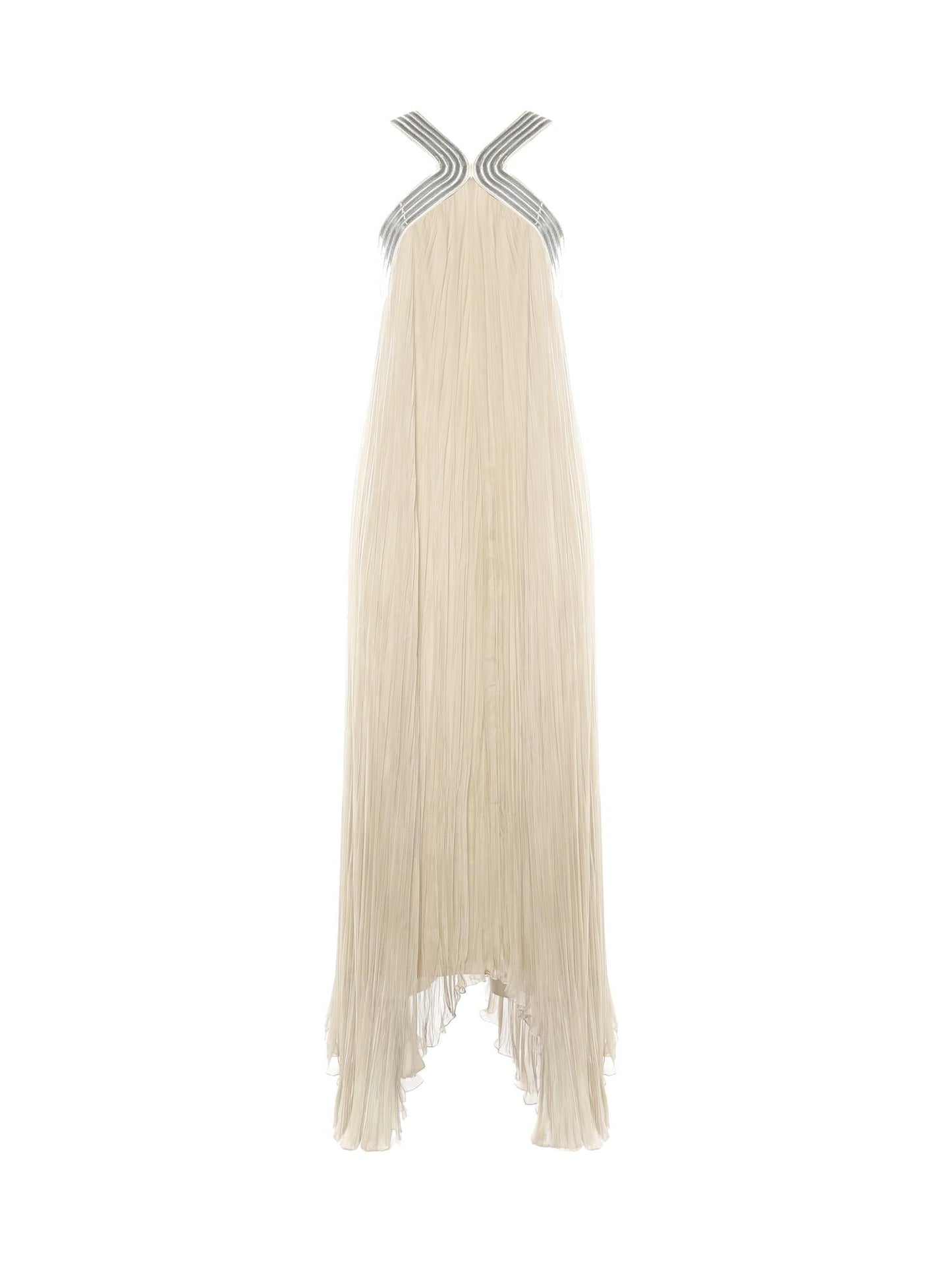 Abito lungo in chiffon plissé con ricami metallici