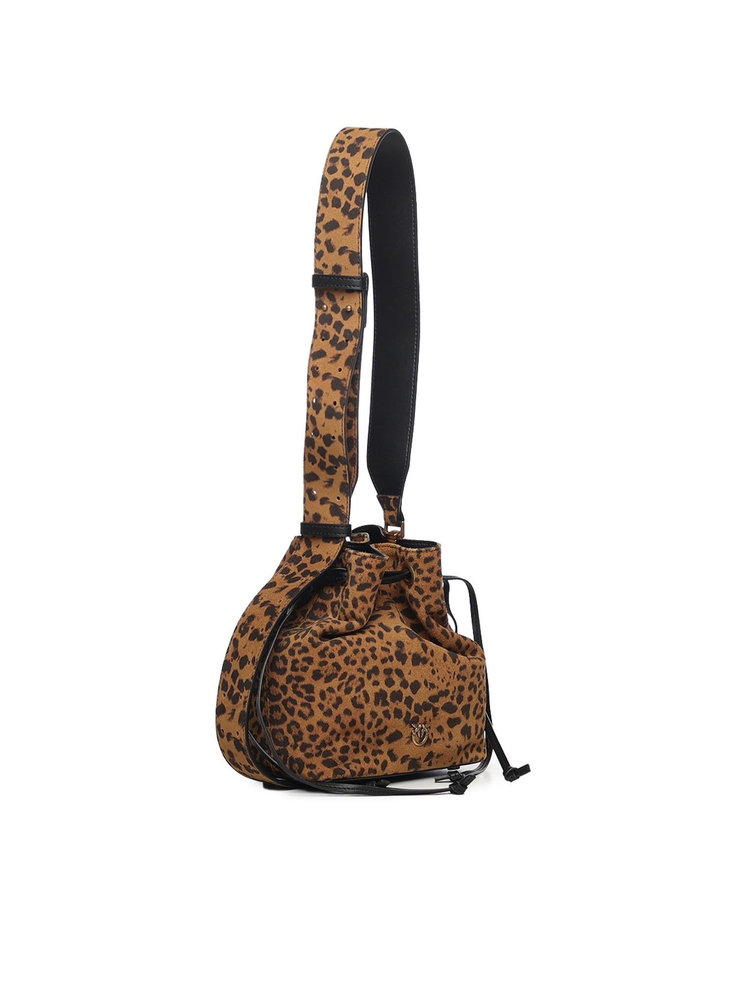 Borsa secchiello a tracolla piccola in suede leopardato