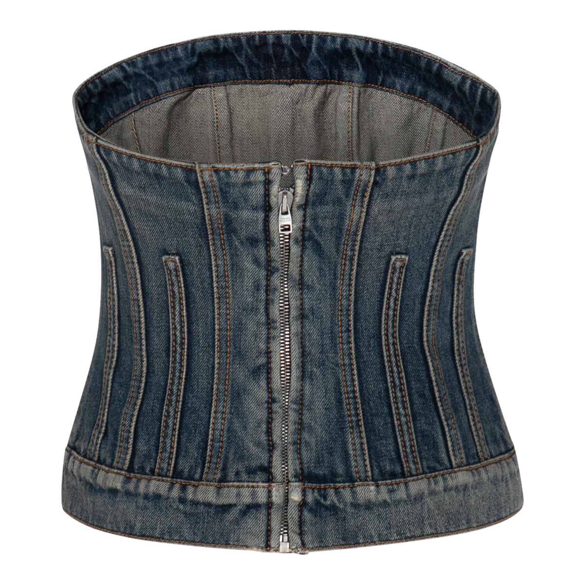 BLUE DISTRESSED DENIM BUSTIER