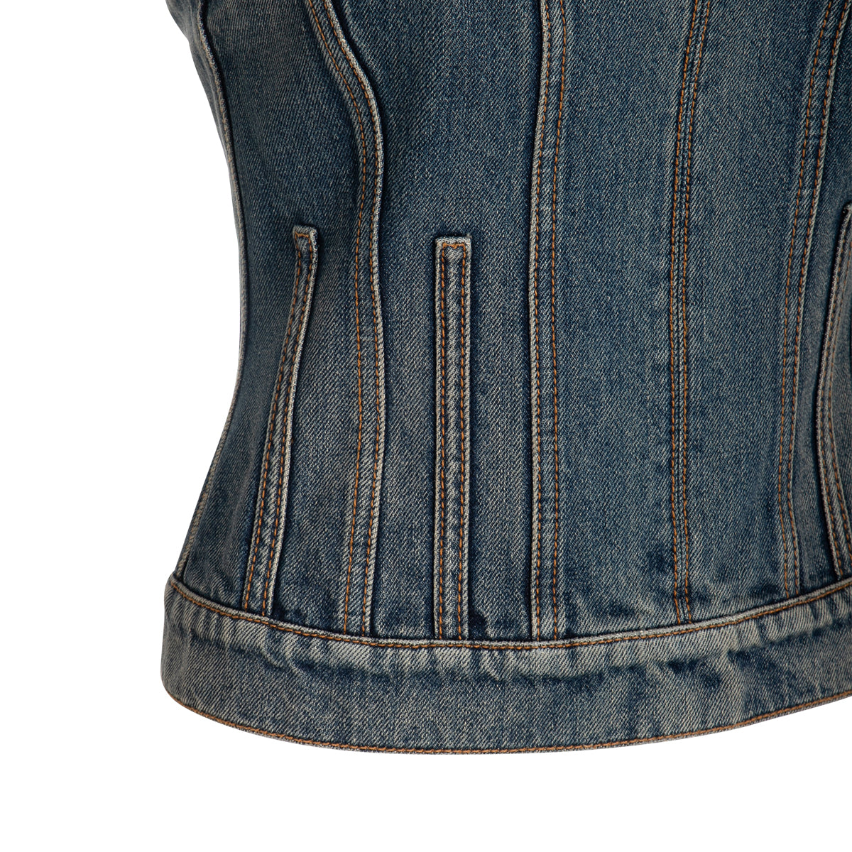 BLUE DISTRESSED DENIM BUSTIER