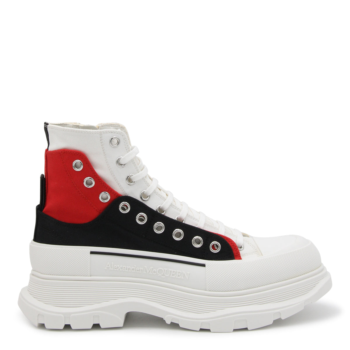 WHITE BLACK AND RED CANVAS TREAD SLICK LACE UP FASTENING BOOTS
