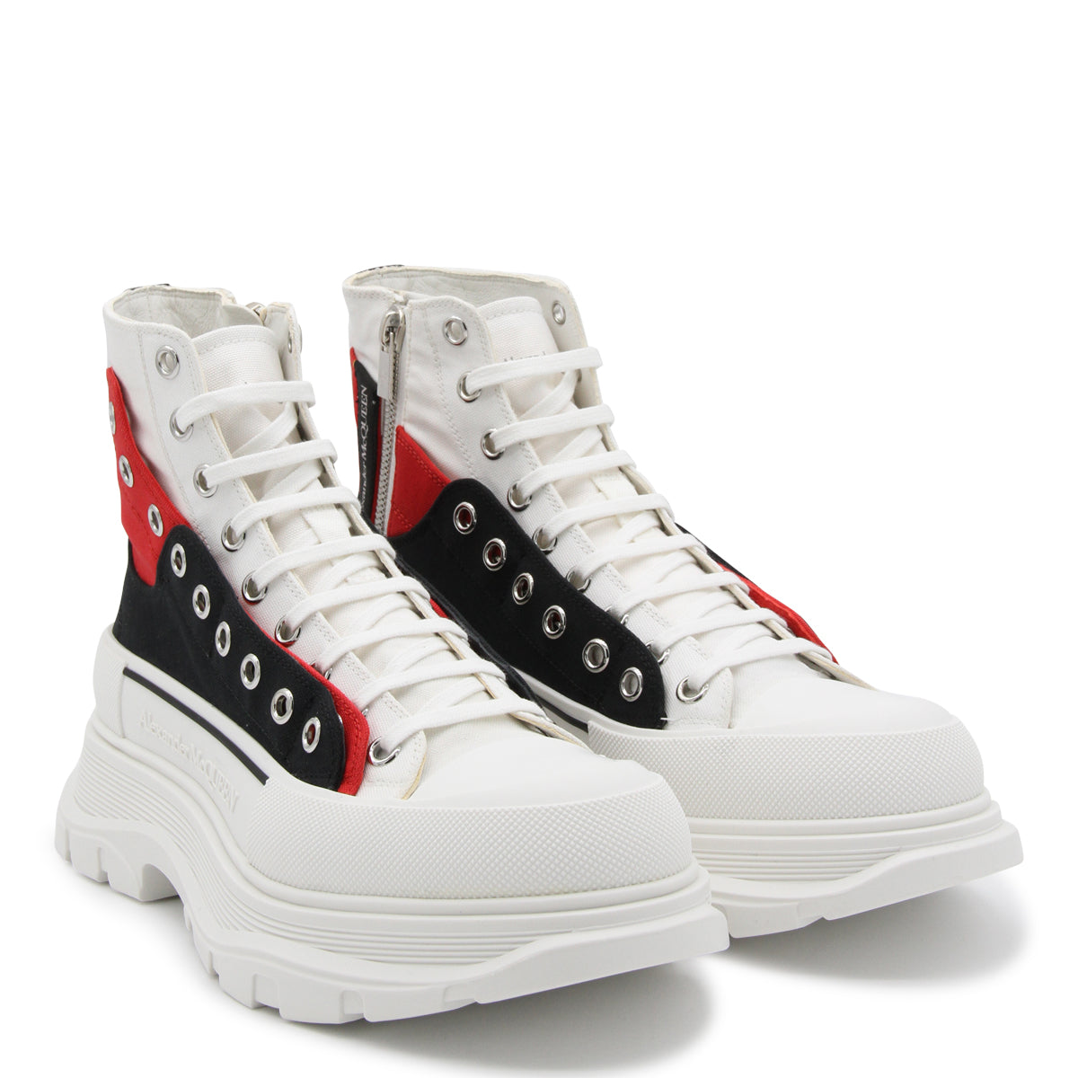 WHITE BLACK AND RED CANVAS TREAD SLICK LACE UP FASTENING BOOTS