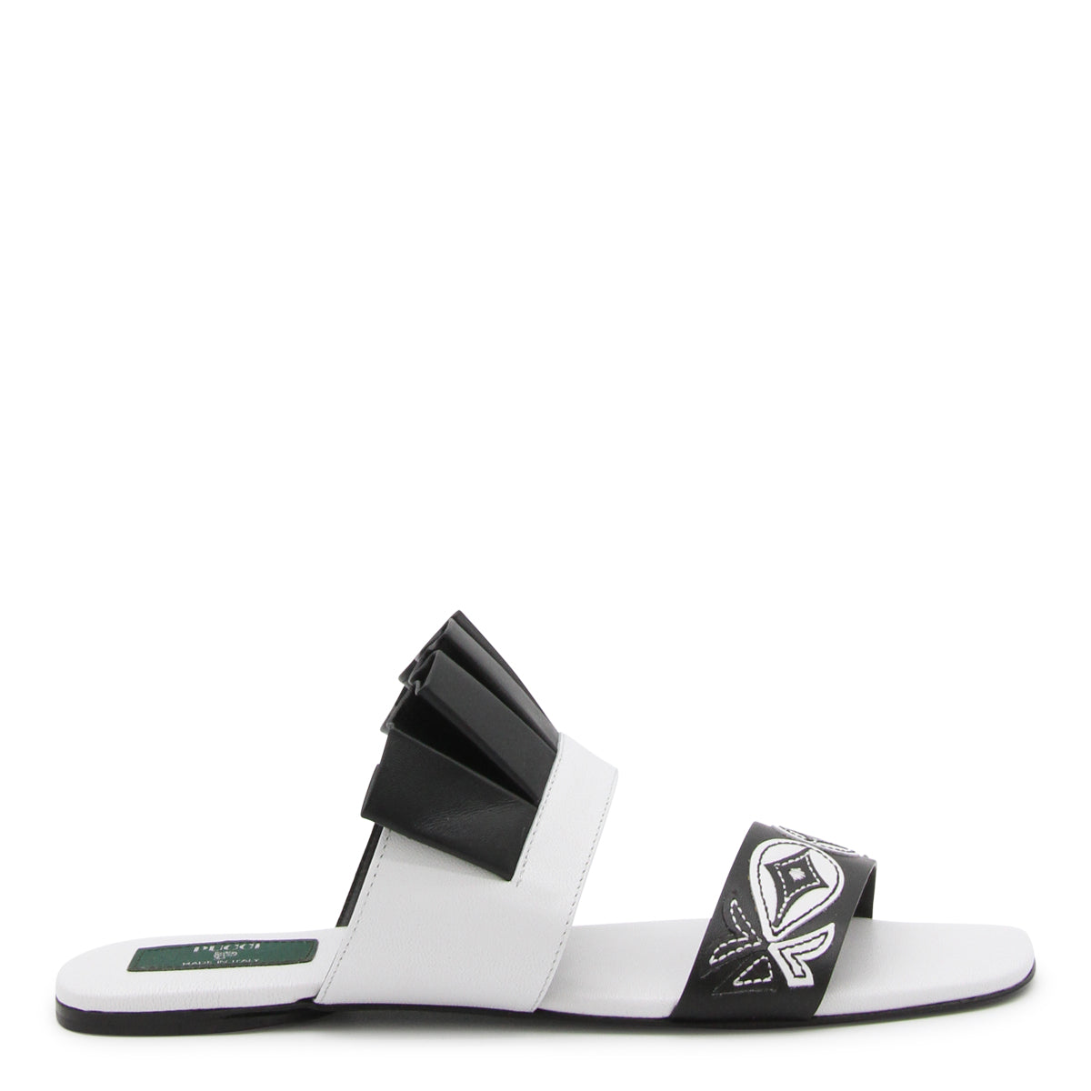BLACK AND WHITE LEATHER GOCCIA APPLIQUE' FLAT SANDALS