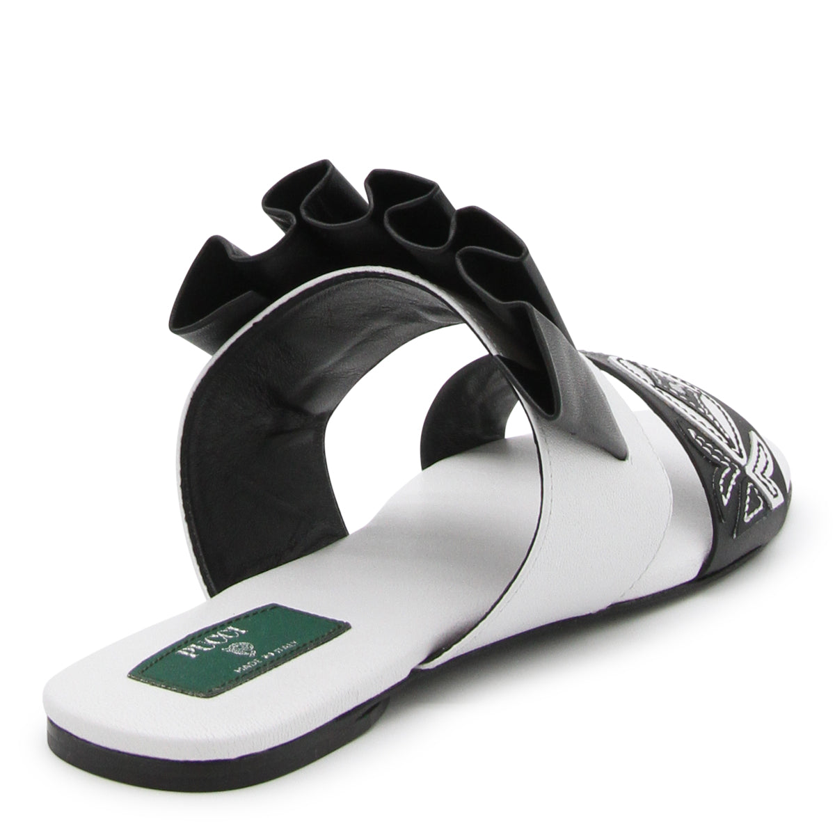 BLACK AND WHITE LEATHER GOCCIA APPLIQUE' FLAT SANDALS