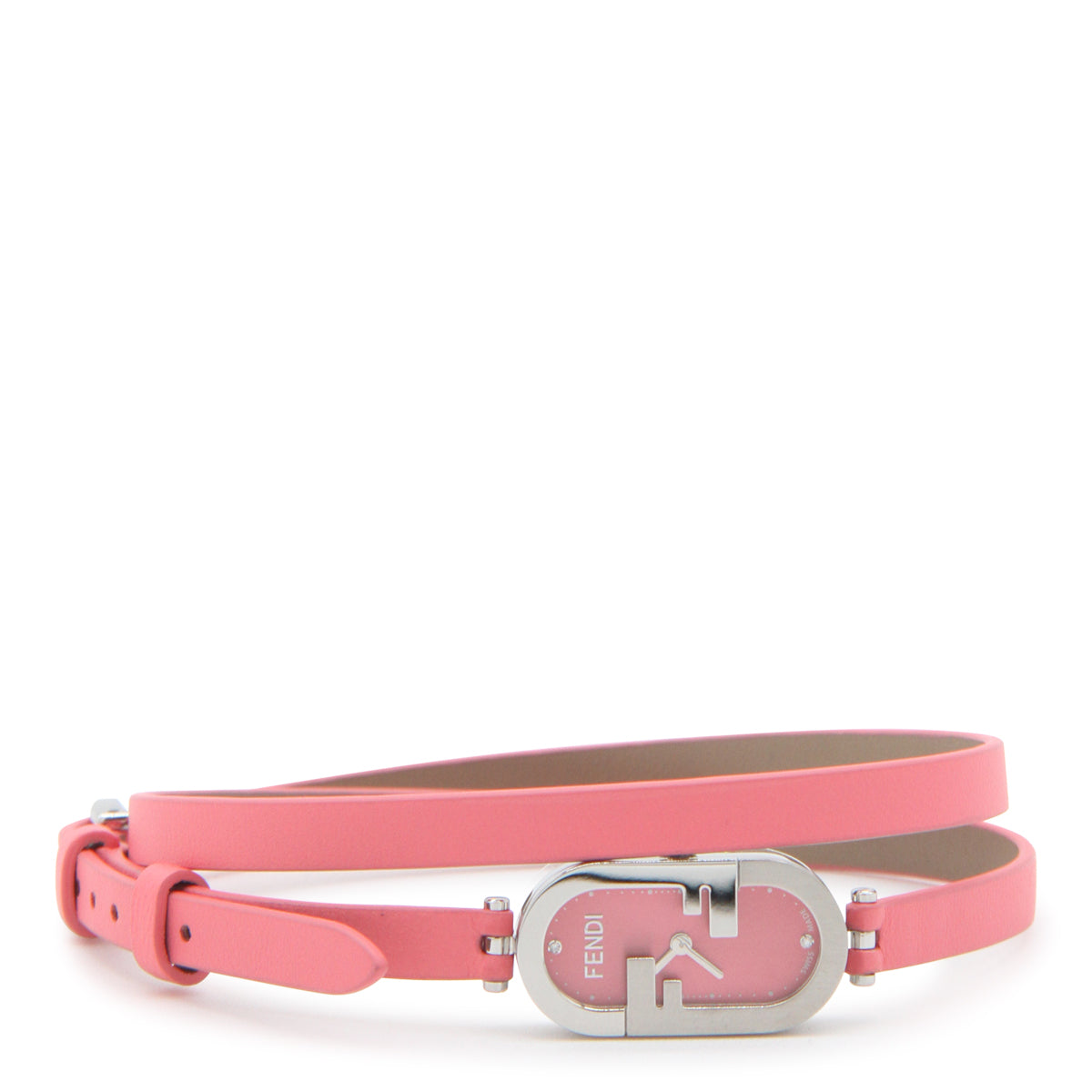 BRIGHT PINK LEATHER AND SILVER METAL O'LOCK VERTICAL WATCH