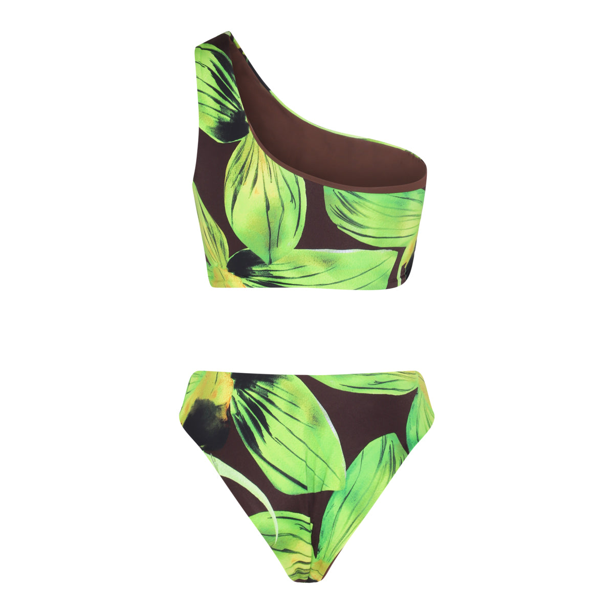 GREEN LEAF PRINT ONE SHOULDER SWIMSUIT