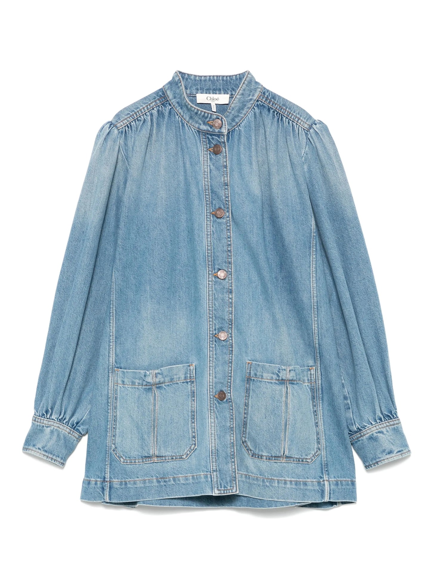 HIGH-NECK RUFFLED JACKET IN LIGHT-WASH ORGANIC COTTON DENIM