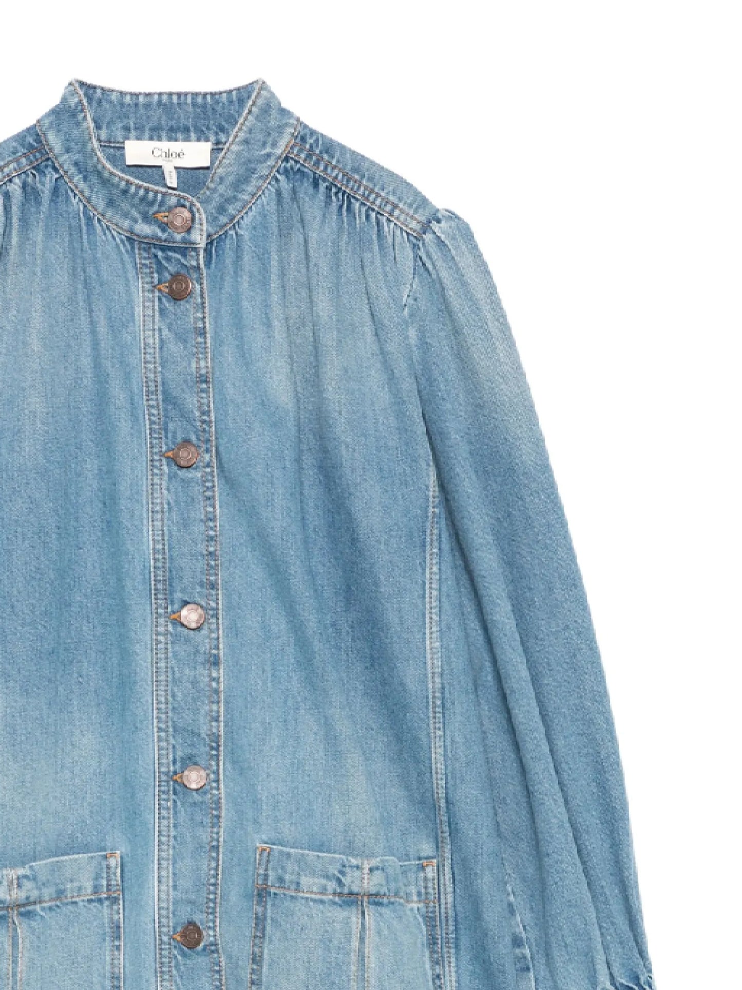 HIGH-NECK RUFFLED JACKET IN LIGHT-WASH ORGANIC COTTON DENIM