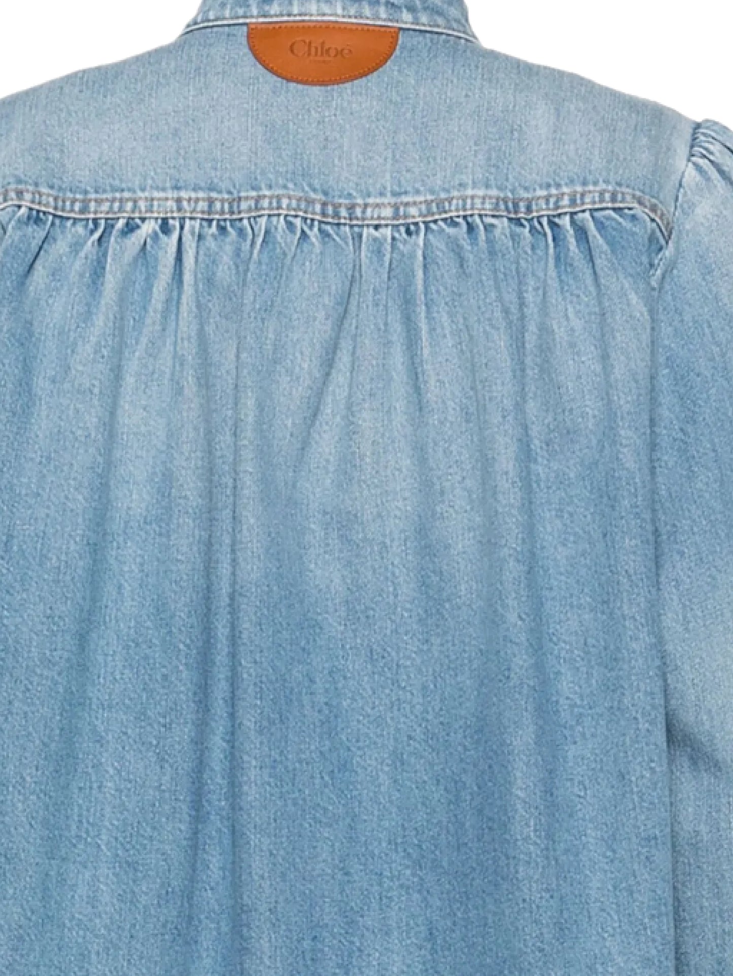 HIGH-NECK RUFFLED JACKET IN LIGHT-WASH ORGANIC COTTON DENIM