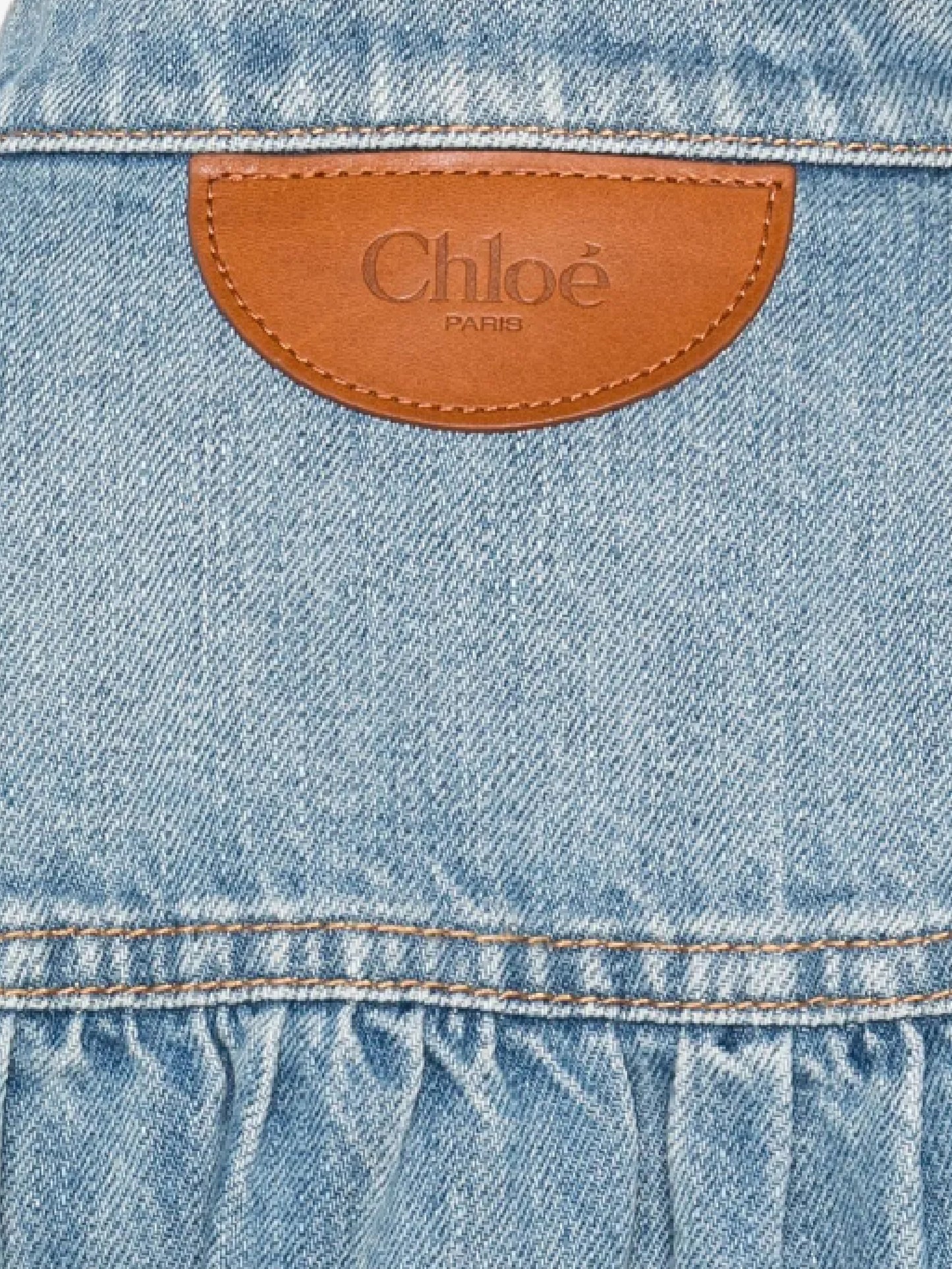 HIGH-NECK RUFFLED JACKET IN LIGHT-WASH ORGANIC COTTON DENIM