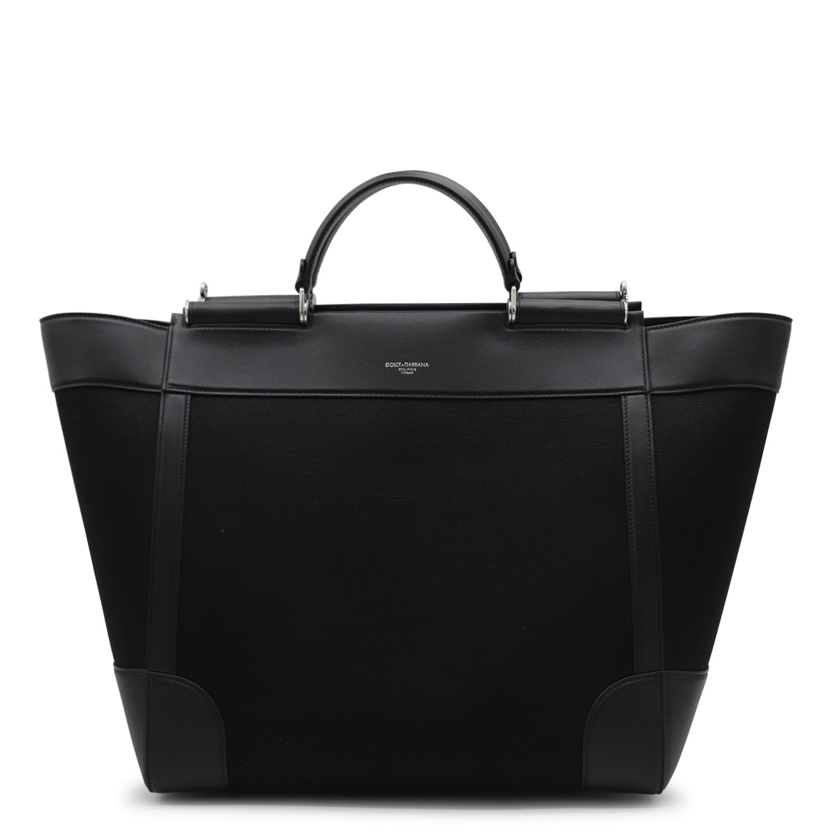 BLACK PANAMA AND LEATHER TOP HANDLE BAG
