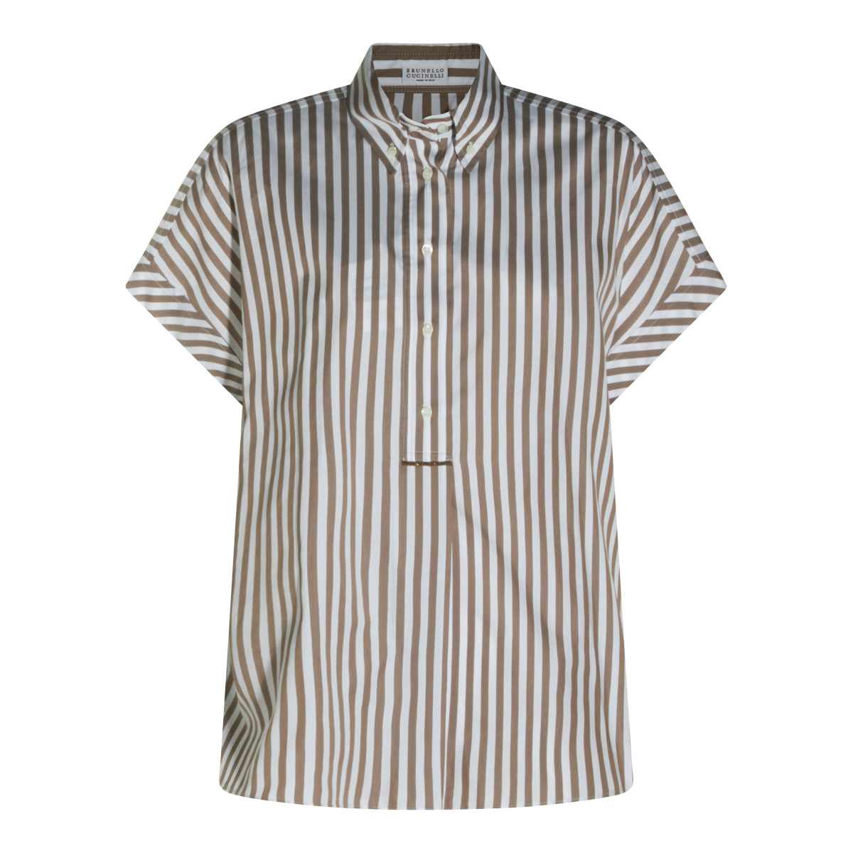 BROWN AND WHITE COTTON AND SILK BLEND STRIPED SHIRT