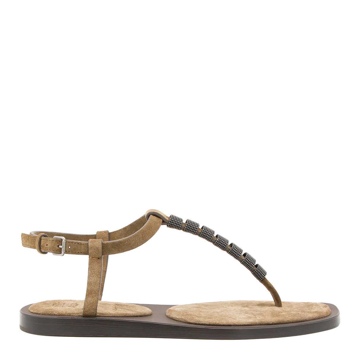 LIGHT BROWN SUEDE MONILE FLAT SANDALS