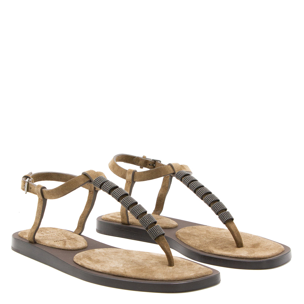 LIGHT BROWN SUEDE MONILE FLAT SANDALS