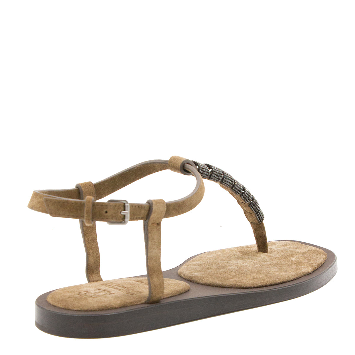 LIGHT BROWN SUEDE MONILE FLAT SANDALS