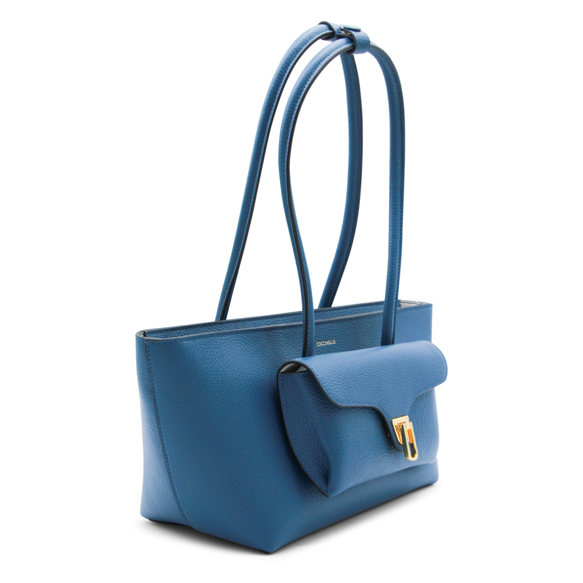BLUE LEATHER TURNLOCK POCKET SHOULDER BAG