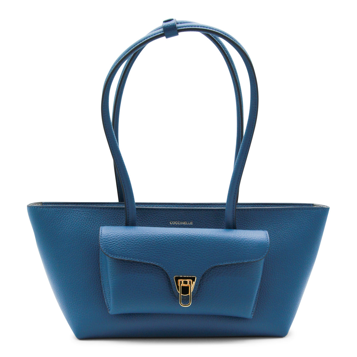 BLUE LEATHER TURNLOCK POCKET SHOULDER BAG