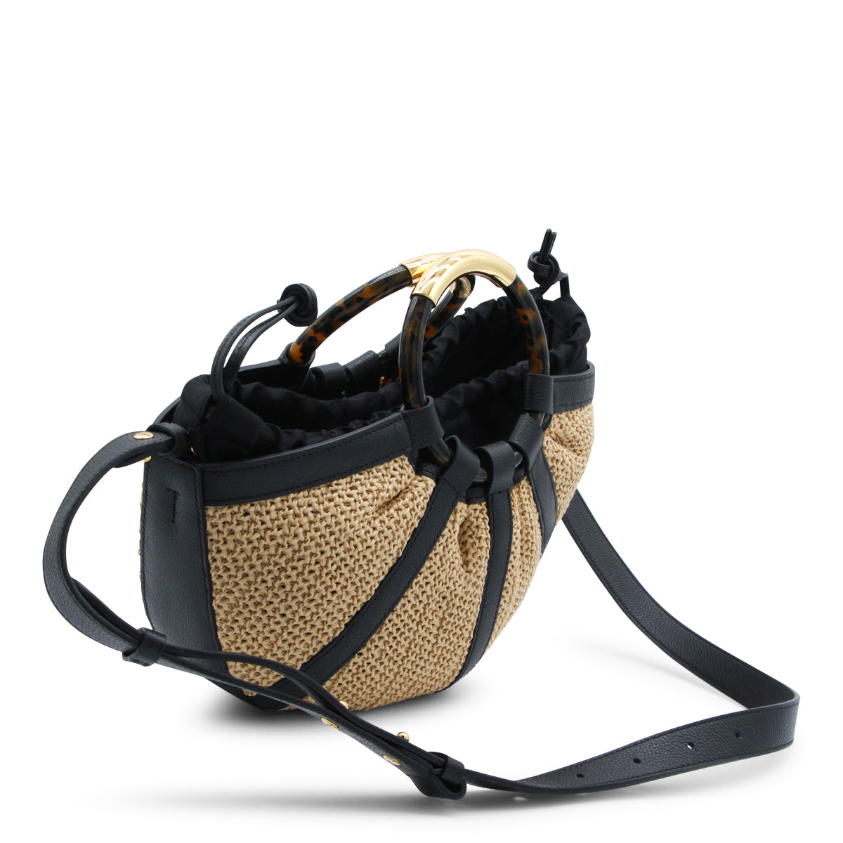 NATURAL AND BLACK LEATHER TOP HANDLE BAG