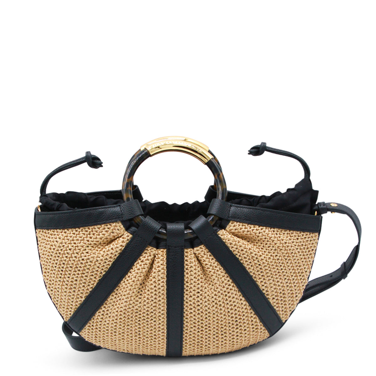 NATURAL AND BLACK LEATHER TOP HANDLE BAG