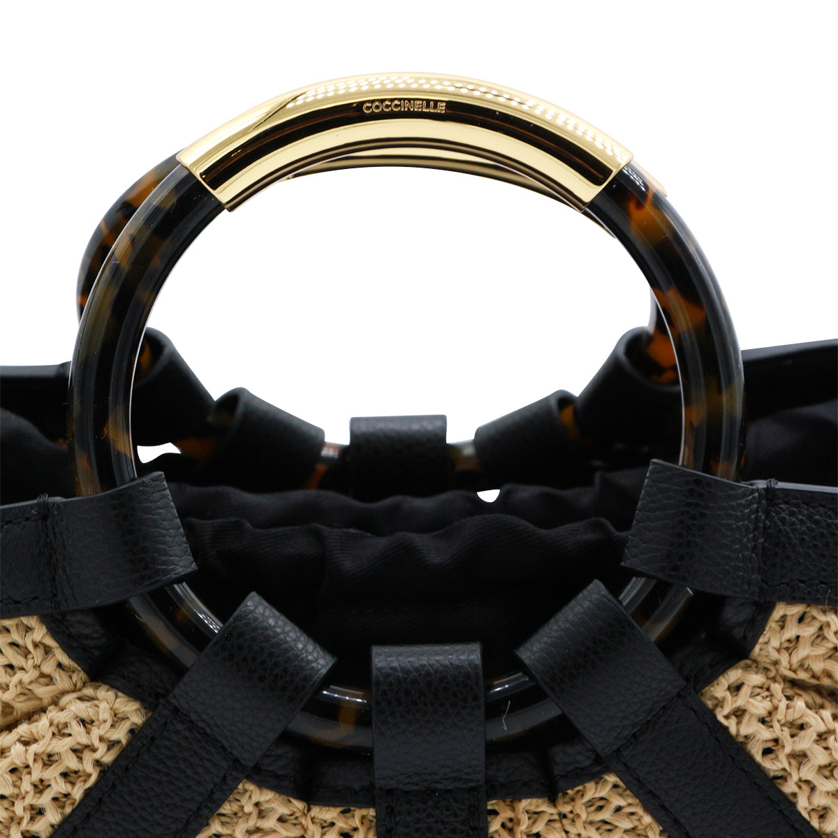 NATURAL AND BLACK LEATHER TOP HANDLE BAG
