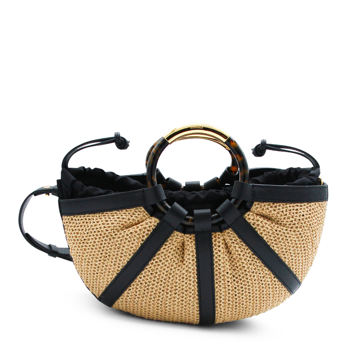 NATURAL AND BLACK LEATHER TOP HANDLE BAG