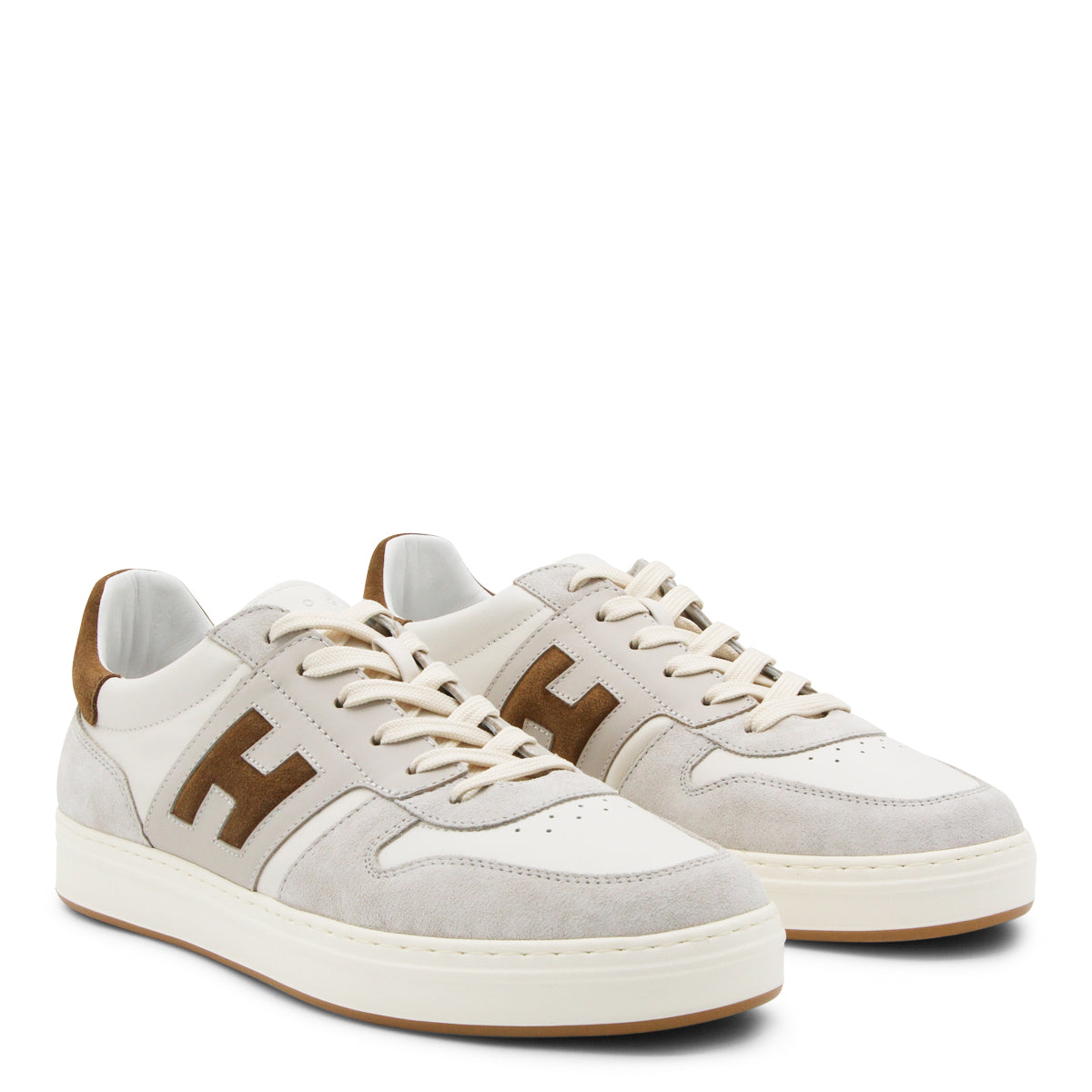 WHITE AND BROWN LEATHER SNEAKERS