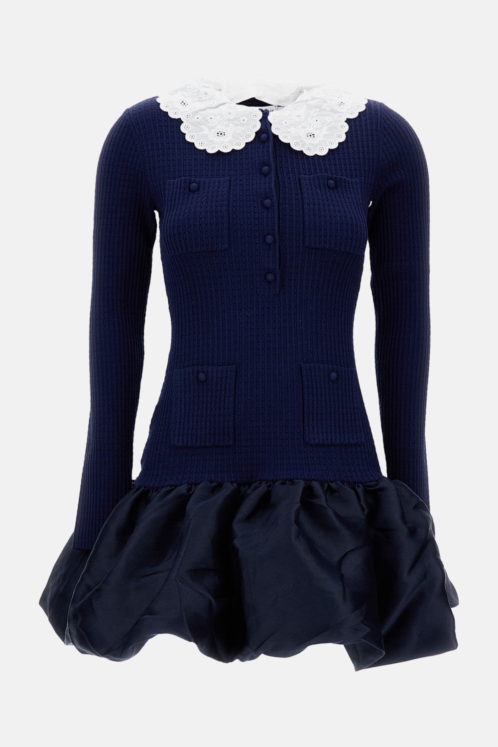 NAVY KNIT TAFFETA MINI DRESS