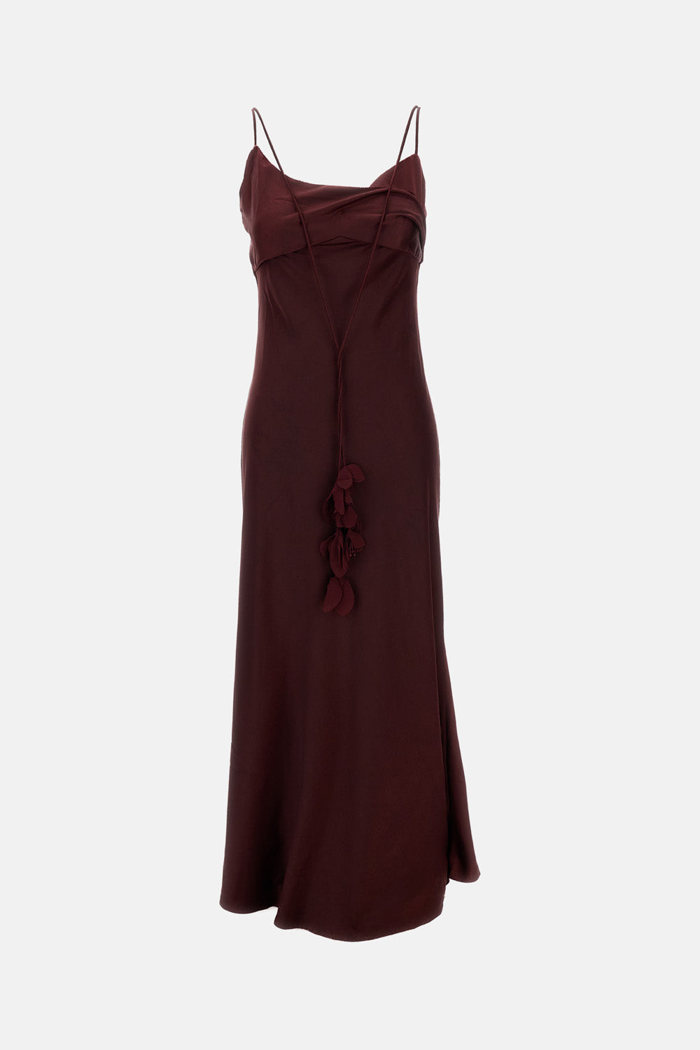 BURGUNDY SATIN FLOWER MIDI DRESS