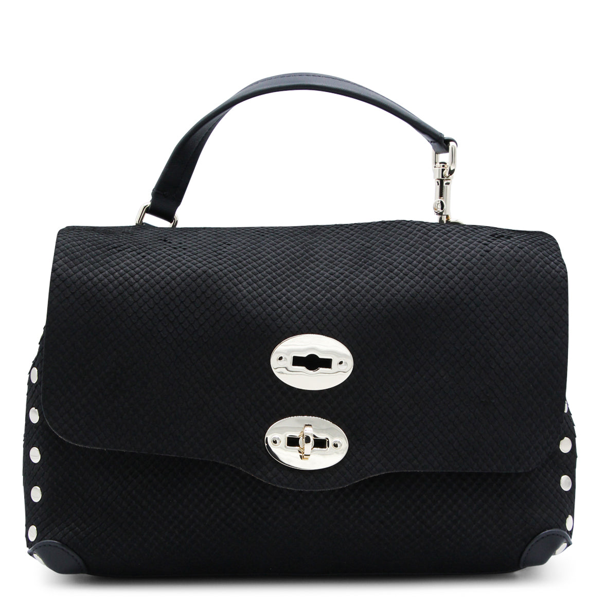 BLACK LEATHER POSTINA S TOP HANDLE BAG